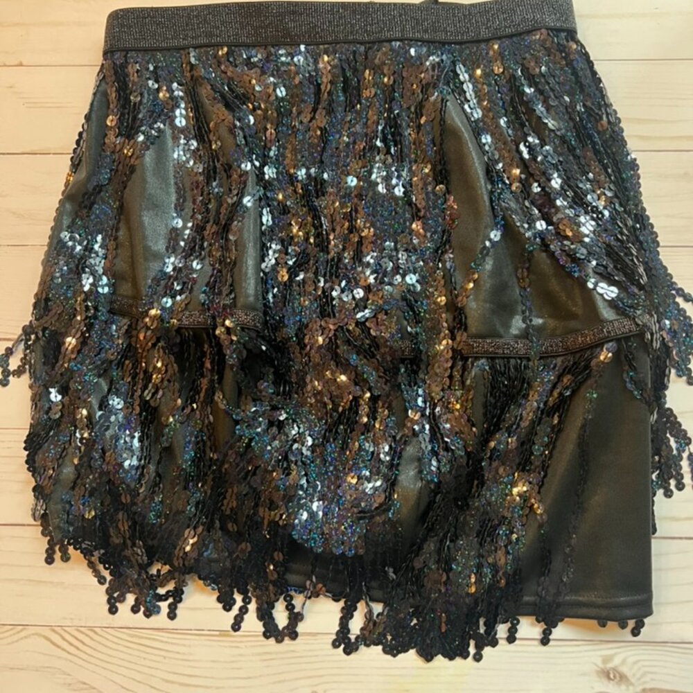 Black Sequin Faux Leather Mini Skirt- Size 4–6